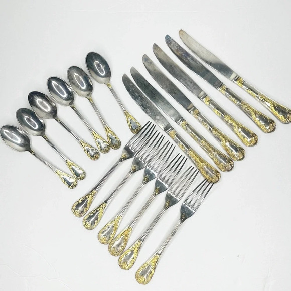 FB Rogers GOLDEN OLD VIENNA Silver Plate Gold Accent Silverware 18 Piece - Picture 1 of 4